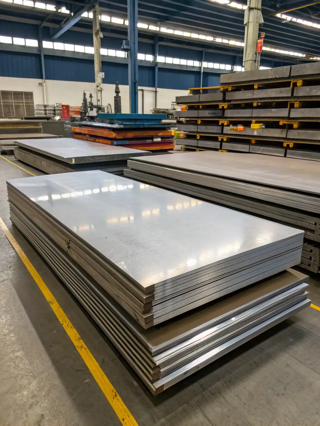 A wide shot of various steel plates, showcasing different thicknesses and finishes, suitable for a range of applications from construction to manufacturing in Belize.