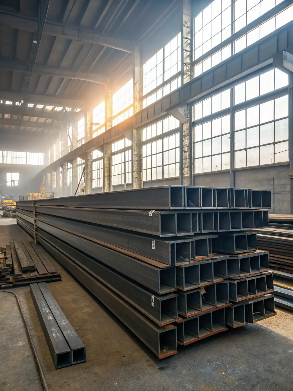 A high-resolution image of structural steel beams stacked neatly, showcasing their robust construction and precise dimensions, suitable for construction projects in Belize.