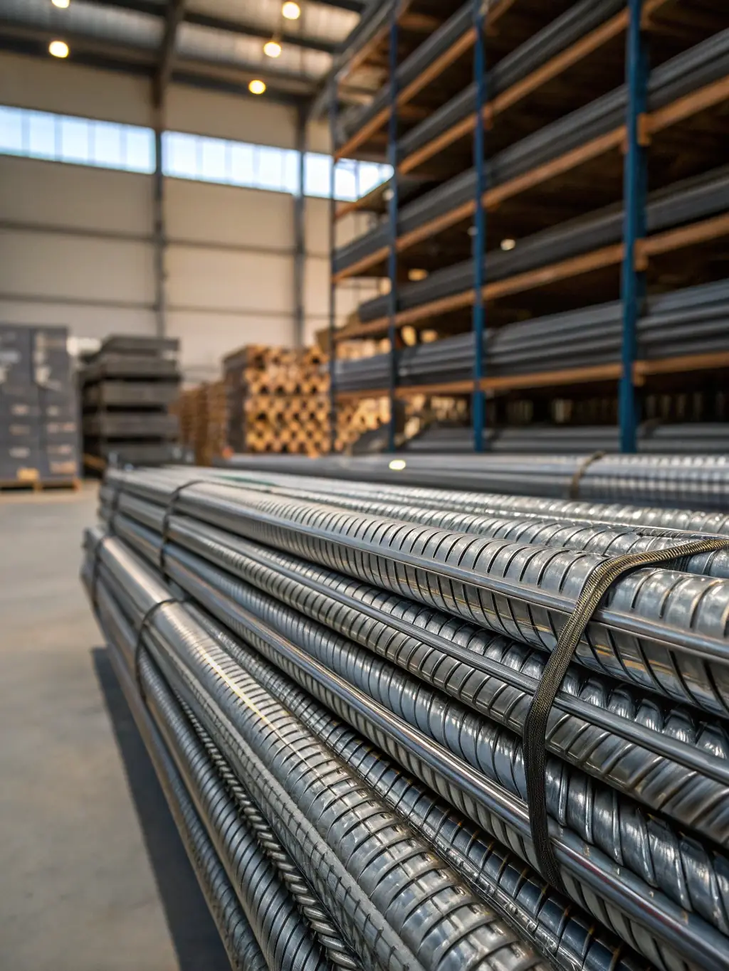 A close-up shot of reinforcing steel bars (rebar), highlighting the textured surface and the different diameters available, essential for concrete reinforcement in Belizean construction.